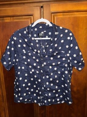 Anthropologie Maeve 100% Linen Navy and White Polka Dot Top Size Medium
